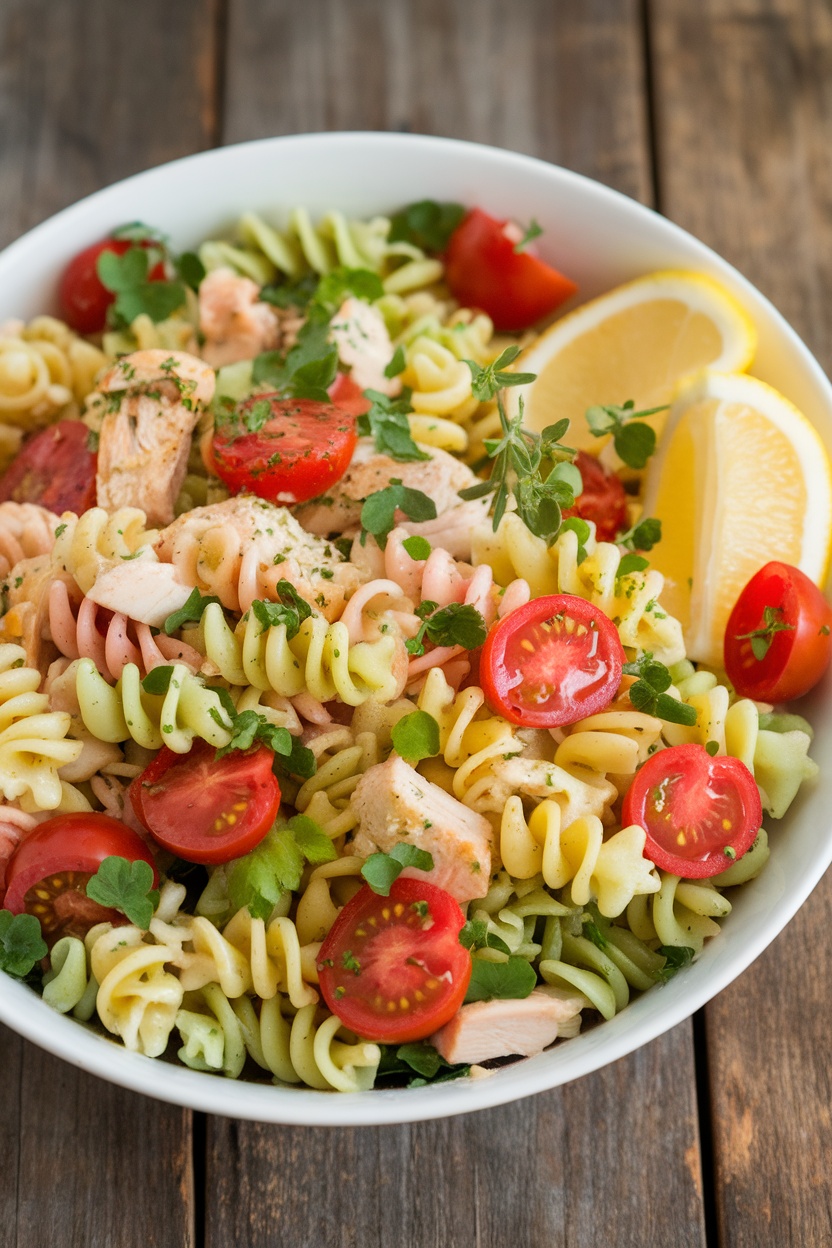 A colorful chicken pasta salad with lemon dressing, cherry tomatoes, and herbs in a bowl on a rustic table.